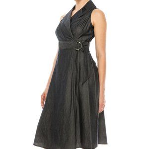 LONDON TIMES CHAMBRAY SLEEVELESS DENIM COLLAR WRAP MIDI DRESS SIZE 6